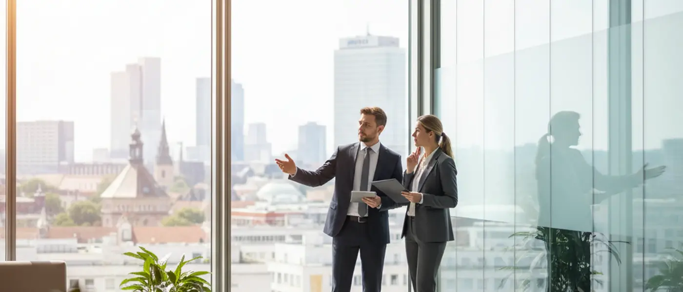 Juristin prüft arbeitsrechtliche Dokumente an einem modernen Schreibtisch in einer Berliner Kanzlei