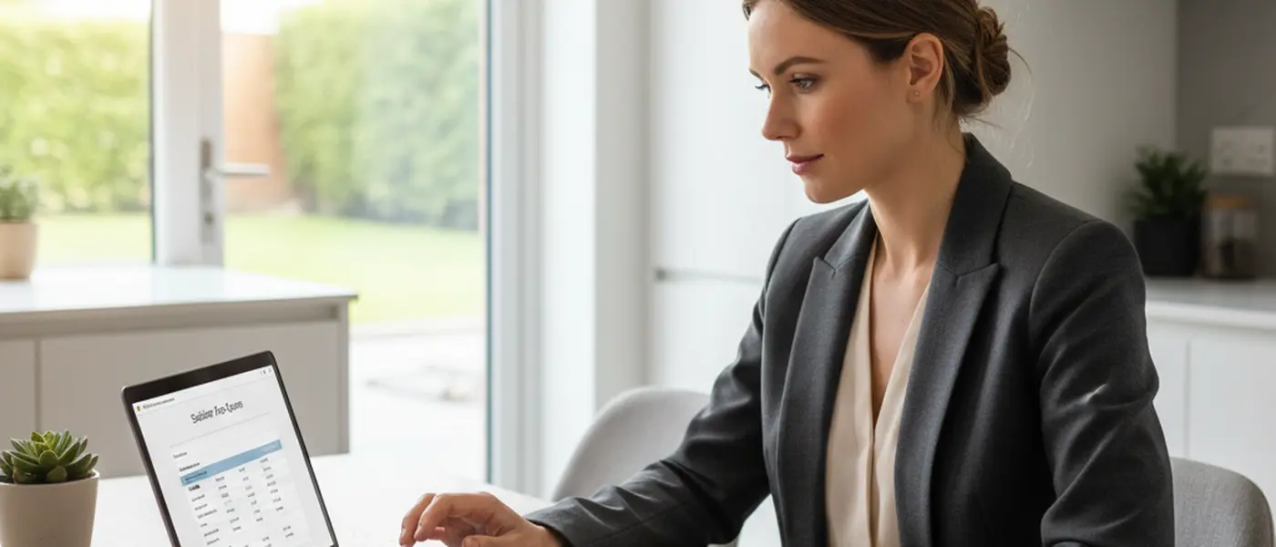 Woman comparing solicitor fee quotes on a laptop at a kitchen table in a British home