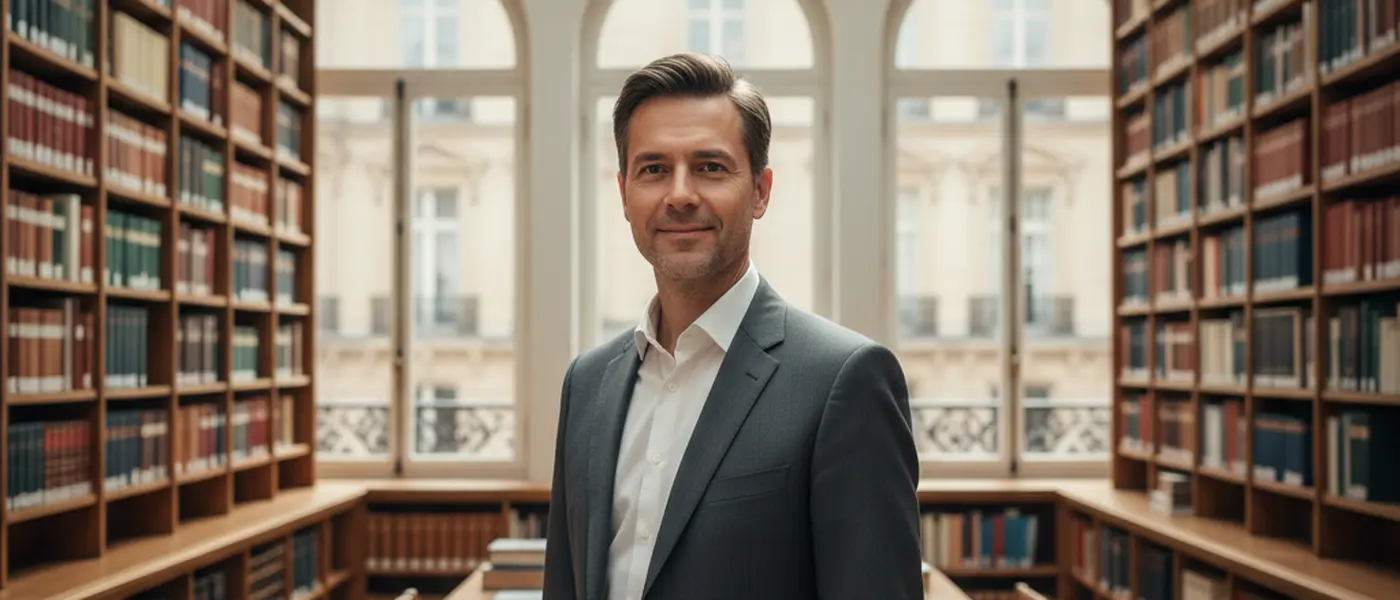 British solicitor reviewing legal documents with a client across a mahogany desk in a London law office
