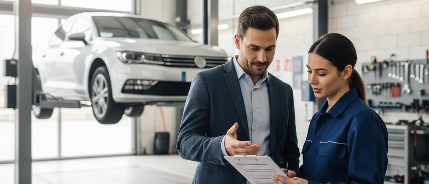 Client et mécanicien examinant un devis de réparation dans un garage moderne