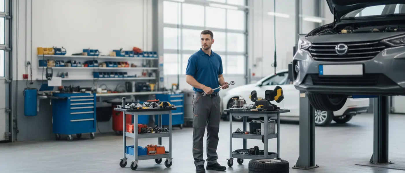Mécanicien en bleu de travail inspectant le moteur d'une berline dans un garage indépendant