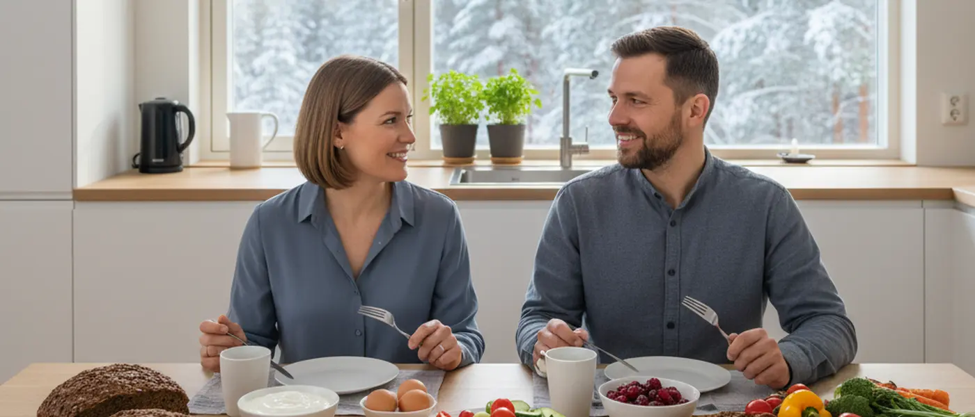 Suomalainen aamiaispöytä ruisleivän, tuoreiden marjojen, lohen ja kasvisten kera valoisassa pohjoismaisen keittiössä