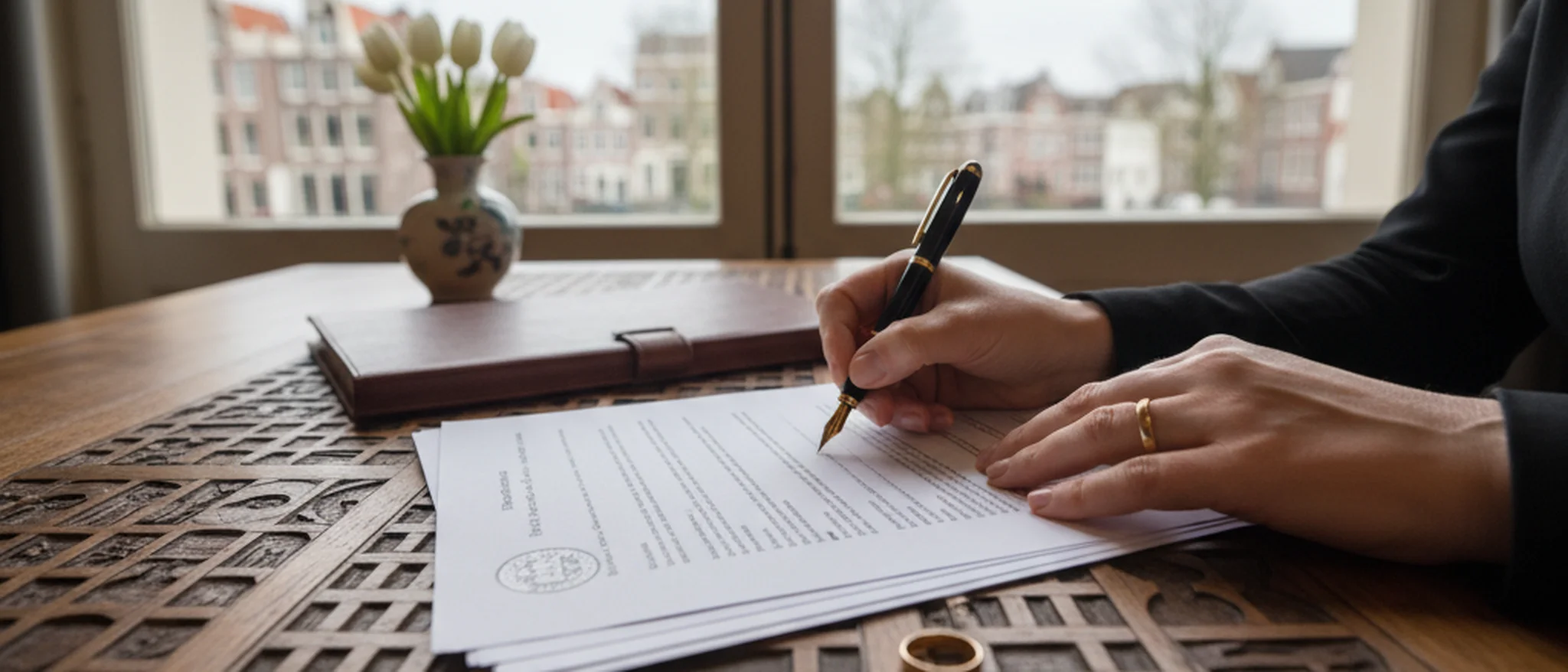 Persoon ondertekent officiële scheidingsdocumenten bij een gemeentebalie in Nederland