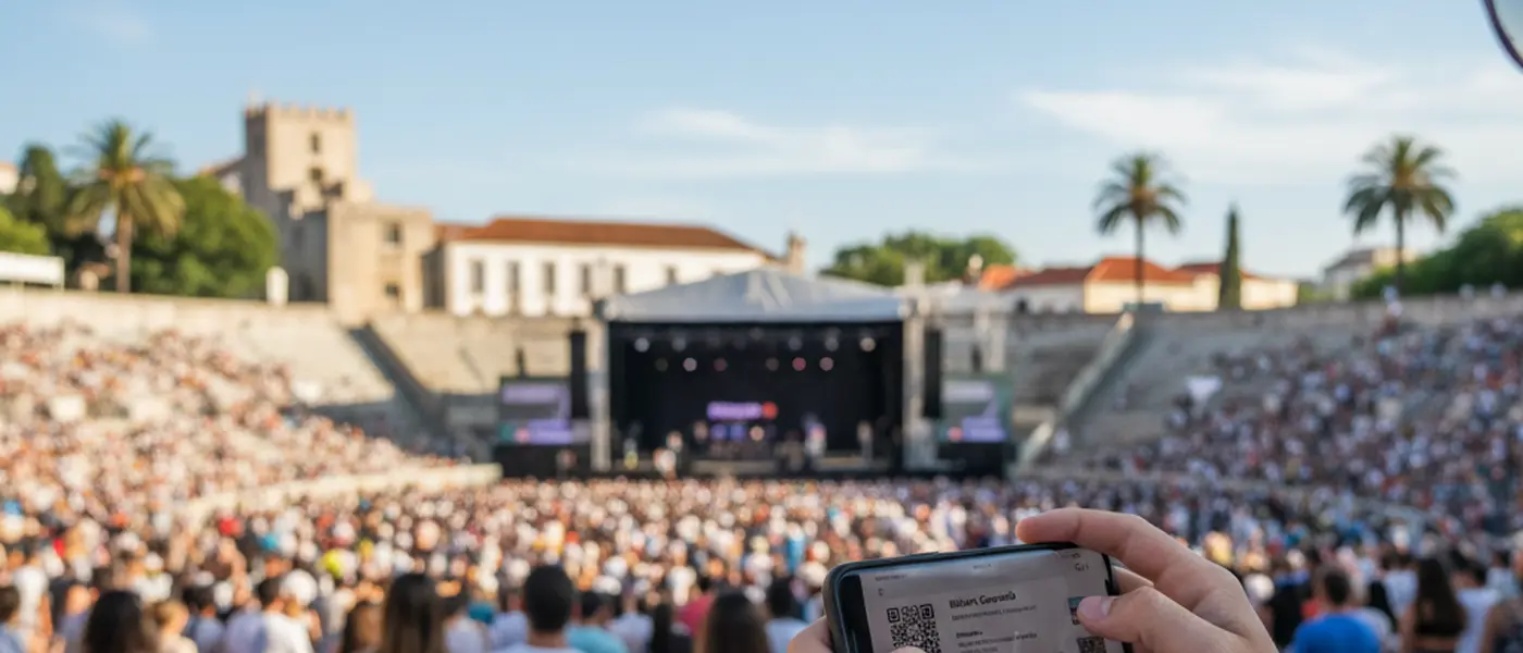 Consumidor a verificar a compra de bilhetes de concerto no smartphone num recinto ao ar livre em Portugal