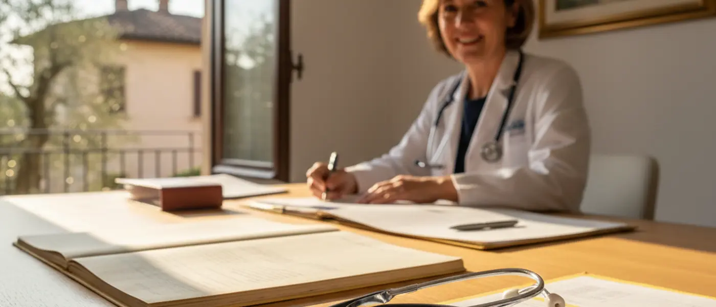 Medico italiano che esamina i risultati di analisi con una paziente in una clinica moderna