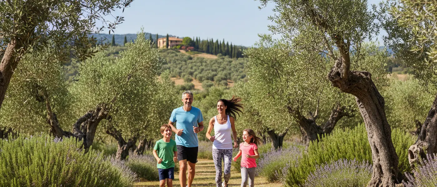 Famiglia italiana che corre insieme in un parco mediterraneo con ulivi in una giornata di sole