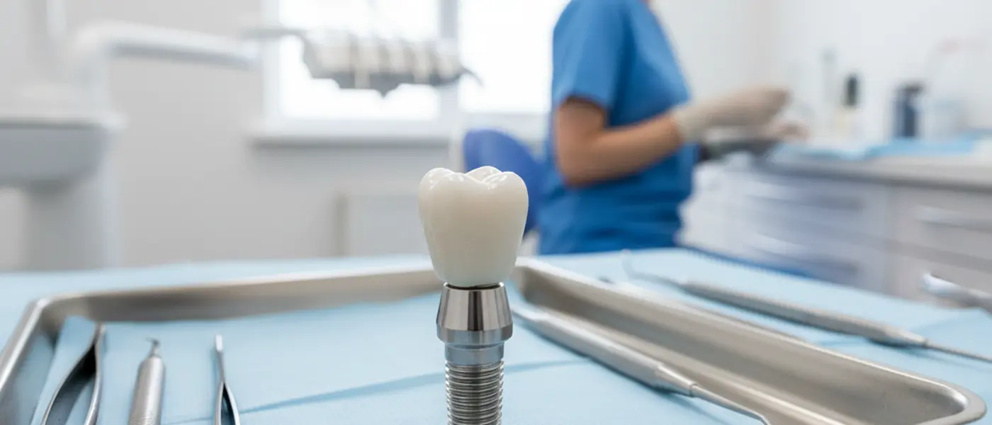 Titanium dental implant components arranged on a sterile clinical tray