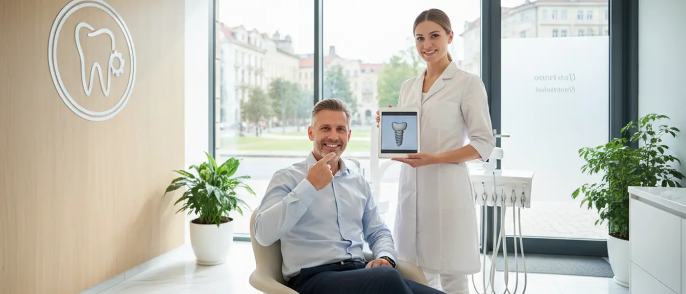 British dental professional examining a dental implant model in a modern UK clinic
