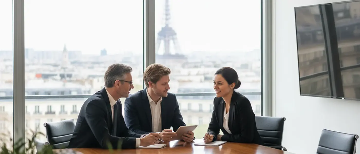 British woman reviewing legal documents with a solicitor in a modern office with London cityscape view