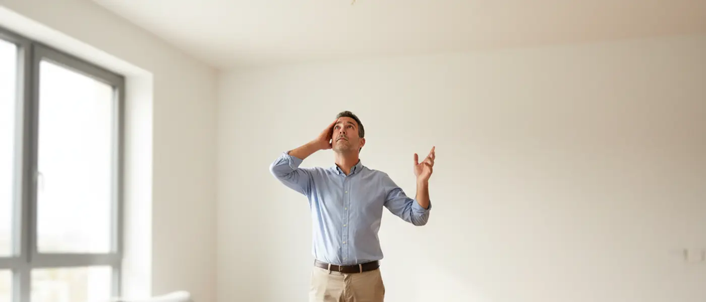 Proprietária portuguesa a observar uma mancha de humidade no teto de um apartamento, com expressão preocupada
