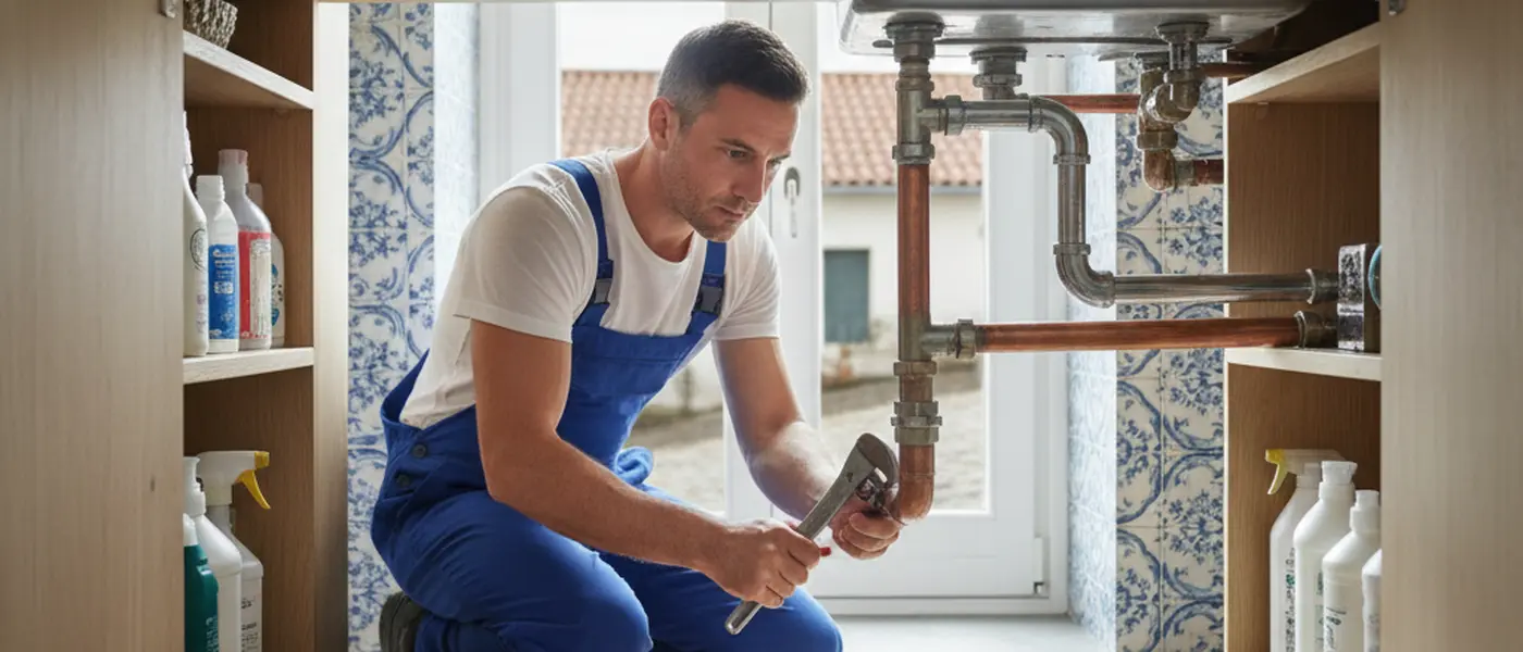 Canalizador profissional a reparar tubagens de cobre sob o lava-louça numa cozinha portuguesa