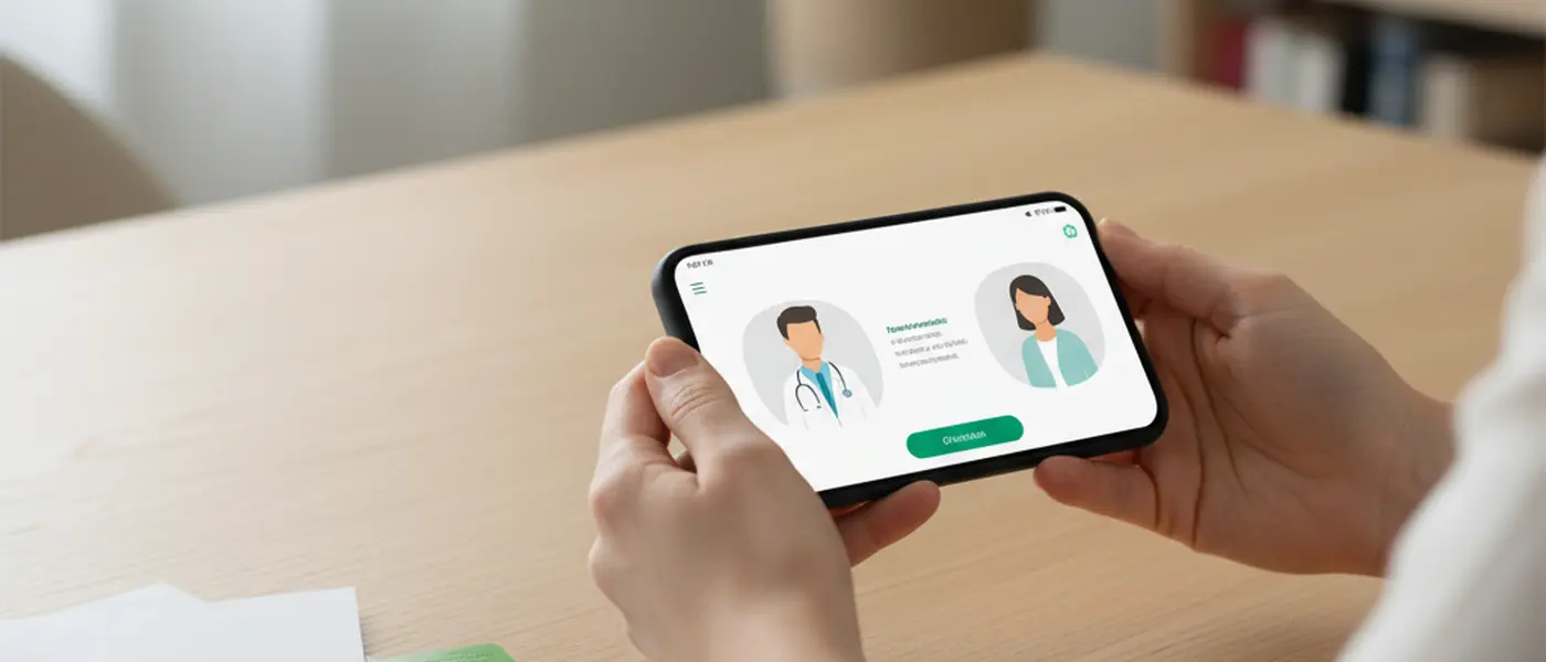 Patiente consultant un médecin en visio sur son smartphone avec sa carte Vitale posée sur le bureau
