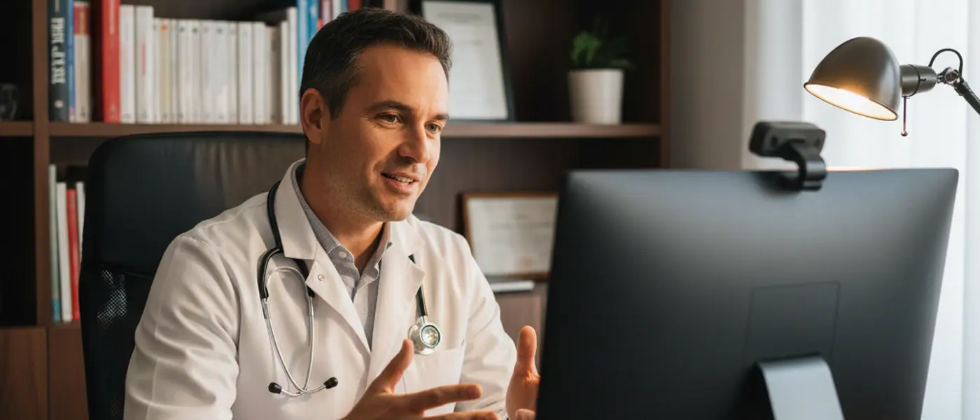Médecin français réalisant une téléconsultation depuis son bureau avec des livres médicaux en arrière-plan