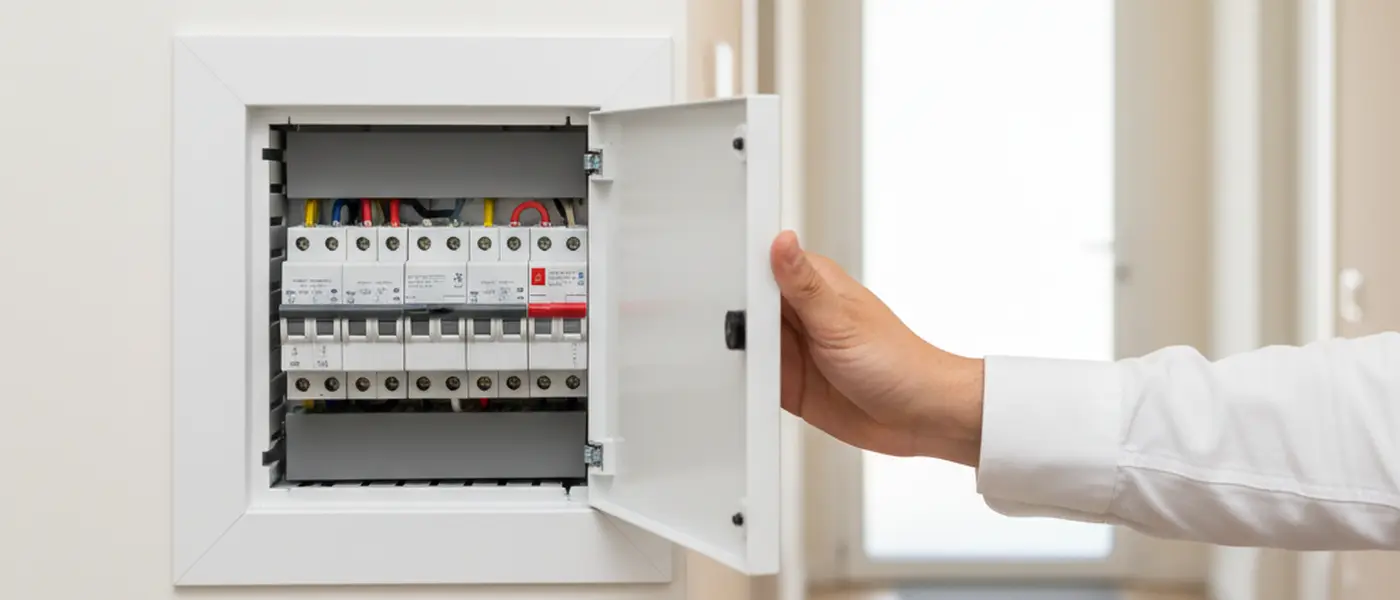 Quadro elettrico residenziale con interruttori differenziali e magnetotermici in un corridoio italiano