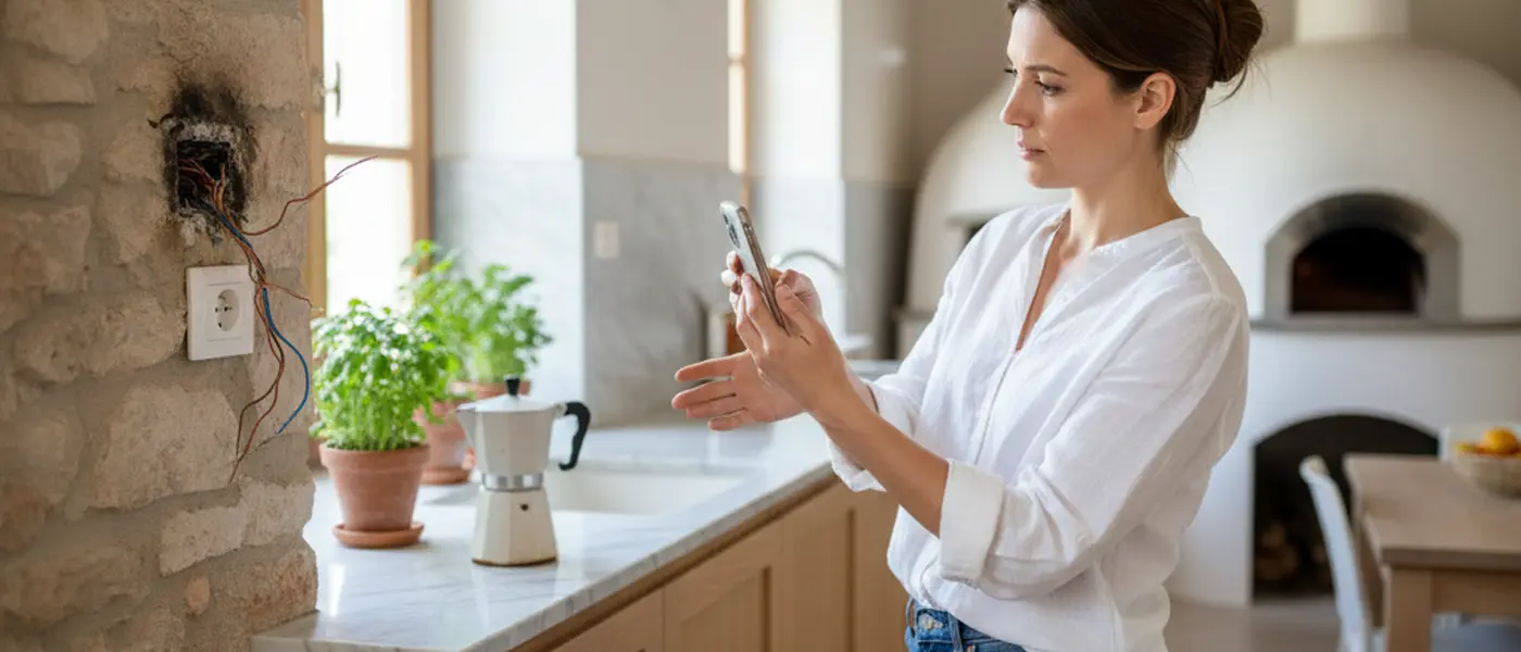 Proprietario che documenta con lo smartphone un guasto elettrico nella cucina di un appartamento italiano