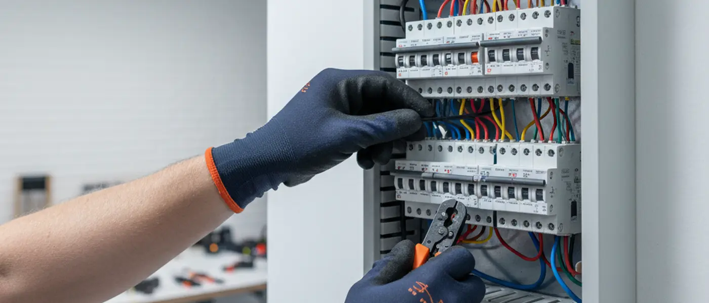 Elektriker arbejder på eltavle med gruppeafbrydere i dansk bolig