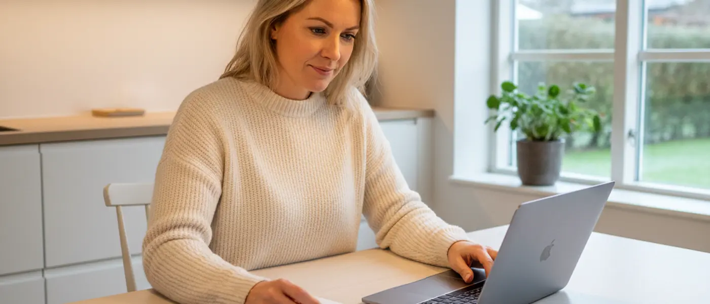 Dansk kvinde sammenligner tilbud fra elektrikere ved køkkenbord med bærbar computer