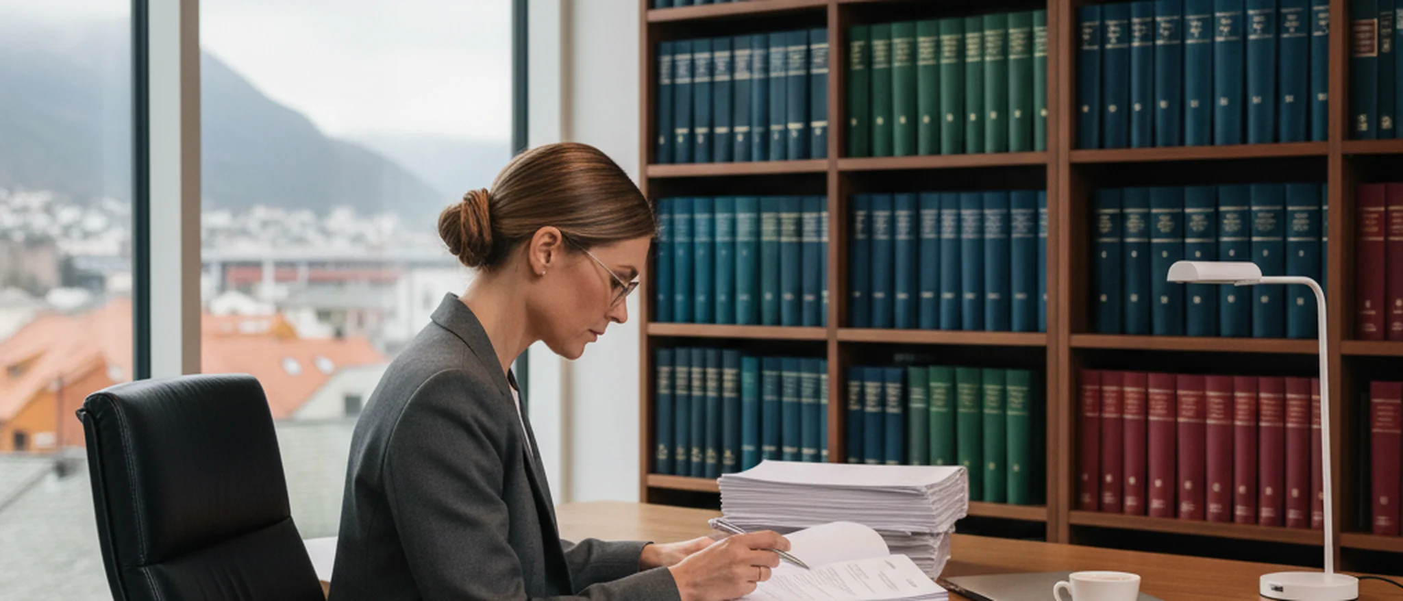 Norsk advokat gjennomgår barnefordelingsdokumenter ved et kontorpult med juridiske bøker i bakgrunnen
