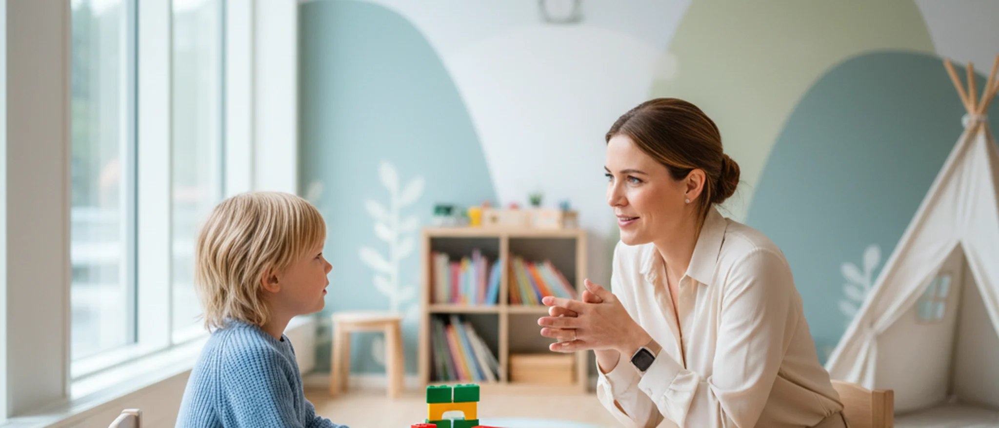 Barn i samtale med psykolog i et lyst rådgivningsrom med tegnesaker på bordet