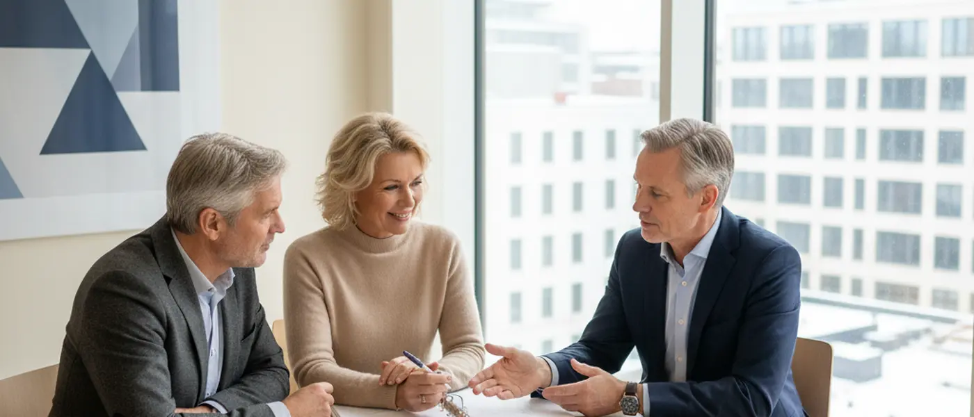 Svenskt par i femtioårsåldern som träffar en finansiell rådgivare i ett ljust mötesrum