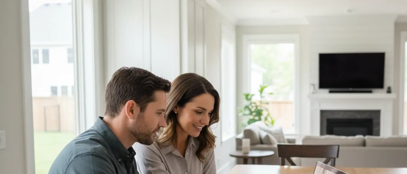 American couple reviewing mortgage documents with a financial advisor on a laptop at their kitchen table