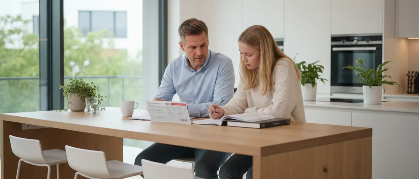 Elternteil und Teenager schauen gemeinsam auf ein Schulzeugnis am Küchentisch