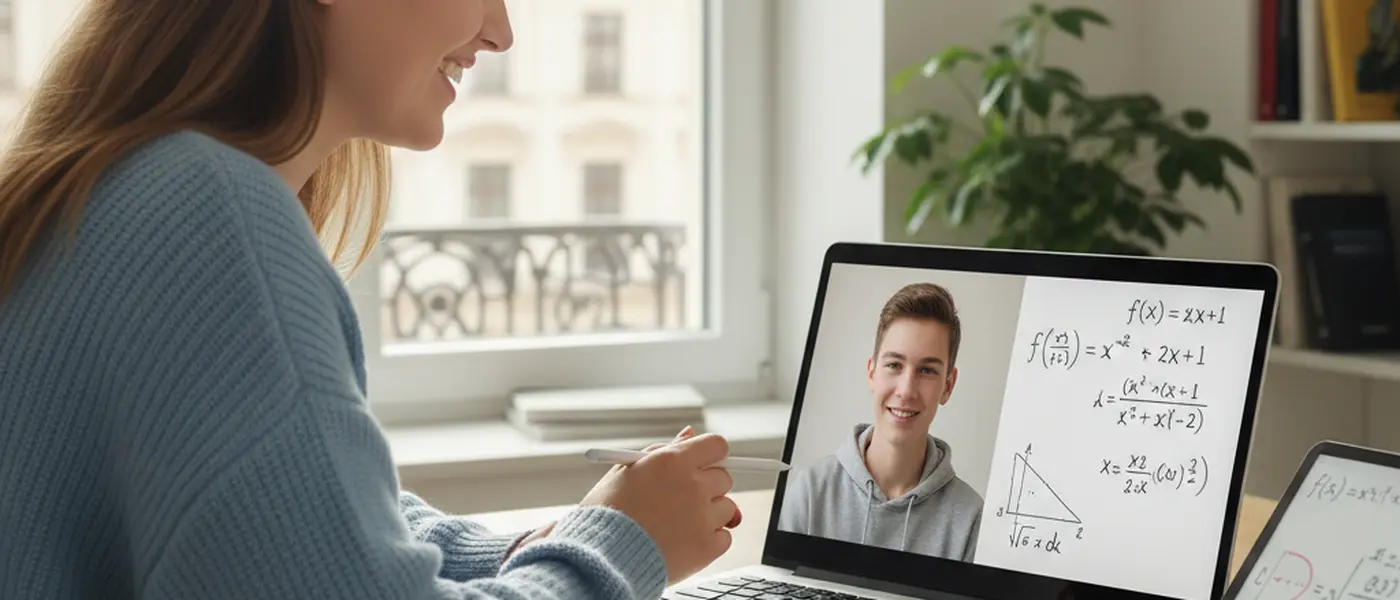 Tutorin unterrichtet einen Schüler in Mathematik per Videoanruf mit digitalem Whiteboard