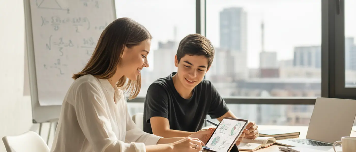 Teenager löst Matheaufgaben am Schreibtisch mit Laptop und Lehrbuch in einer modernen deutschen Wohnung