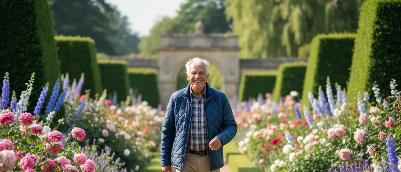 Active elderly man walking through a lush English garden, smiling, healthy appearance