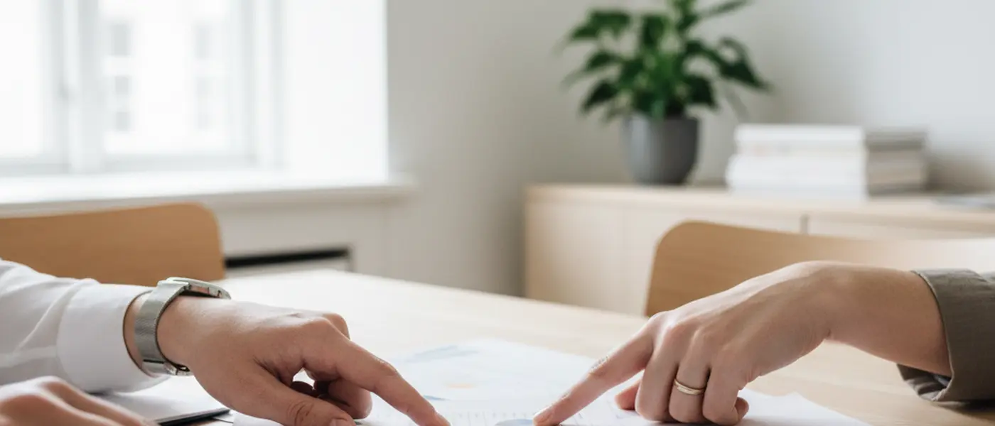 Nærbillede af hænder, der gennemgår regnskabsdokumenter og regnemaskine på et skandinavisk kontor