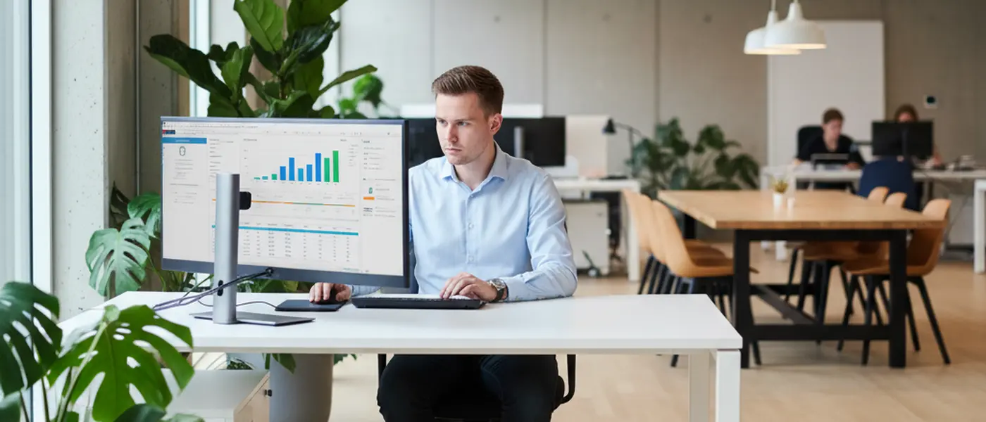 Ung dansk revisor arbejder med regnskabssoftware på sin computer i et moderne kontormiljø