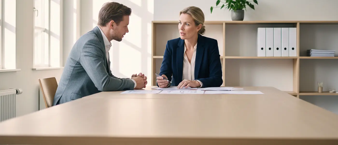 Dansk revisor gennemgår regnskabsdokumenter med en kunde på et skandinavisk kontor med naturligt dagslys