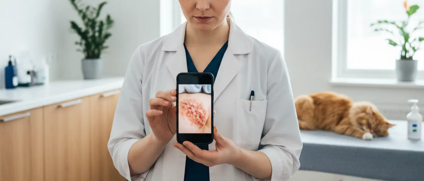 Eläinlääkäri tutkii puhelimen näytöltä kissan iho-oireiden kuvaa vastaanotollaan