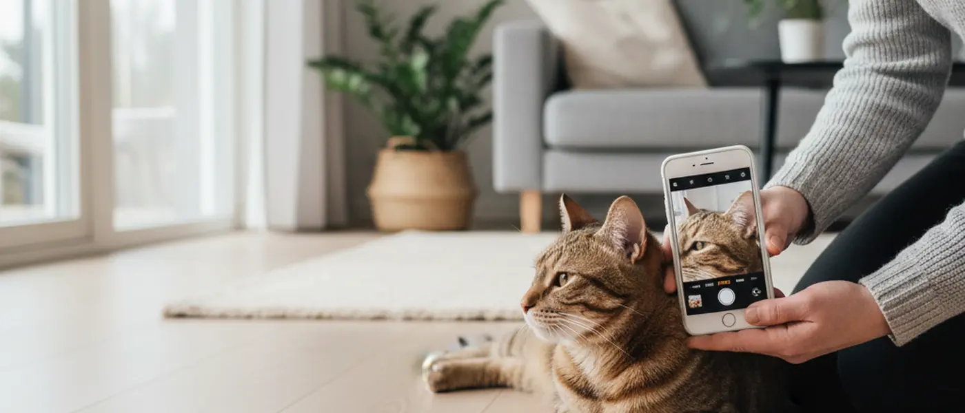 Kissa makaa rauhallisesti lattialla omistajan kuvatessa sen korvaa älypuhelimella etäeläinlääkärikonsultaatiota varten