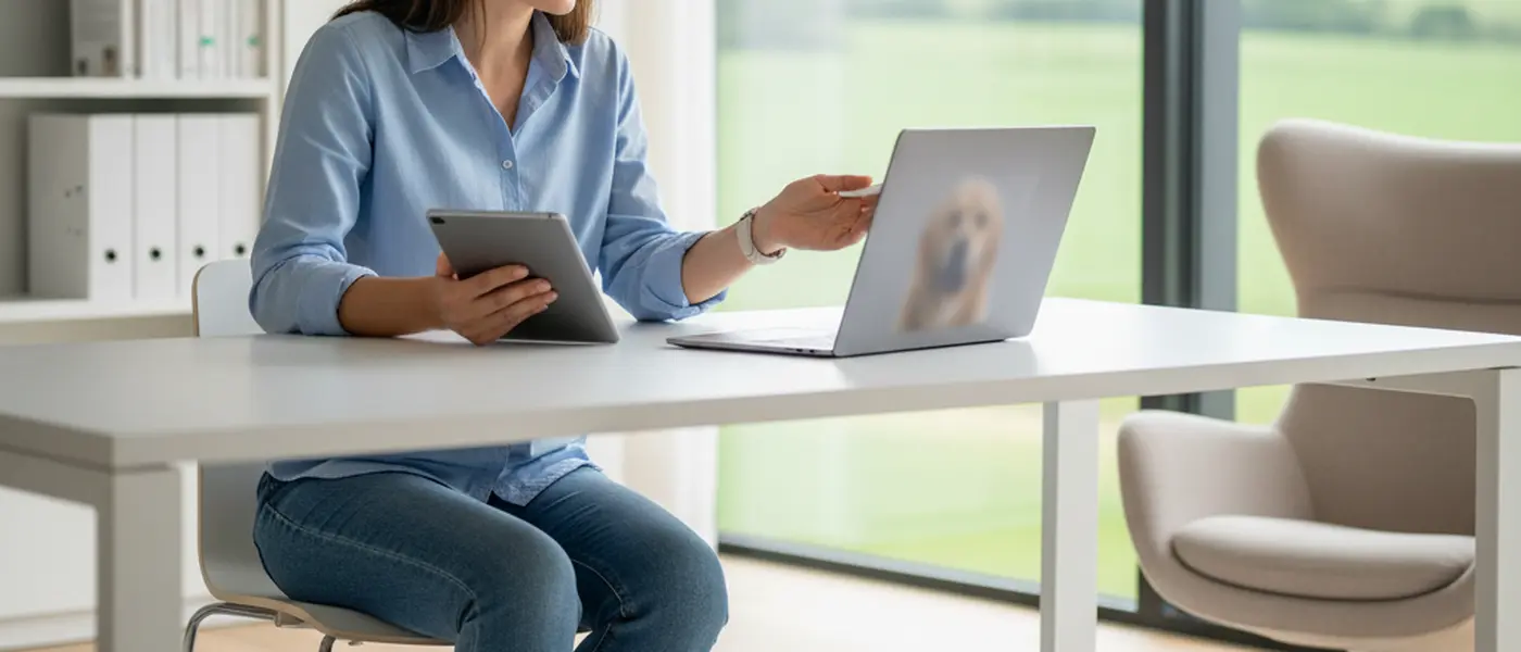 Suomalainen nainen istuu sohvalla kultaisennoutajansa kanssa ja pitää videokonsultaatiota eläinlääkärin kanssa kannettavalla tietokoneella