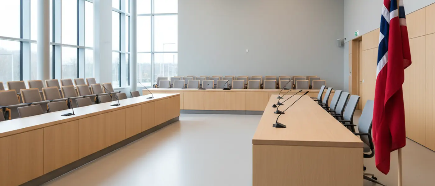 Moderne norsk rettssal med trebenk og nordisk interiørdesign