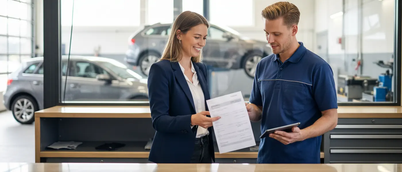 Automobiliste ontvangt een gedetailleerde factuur aan de balie van een Nederlandse autogarage