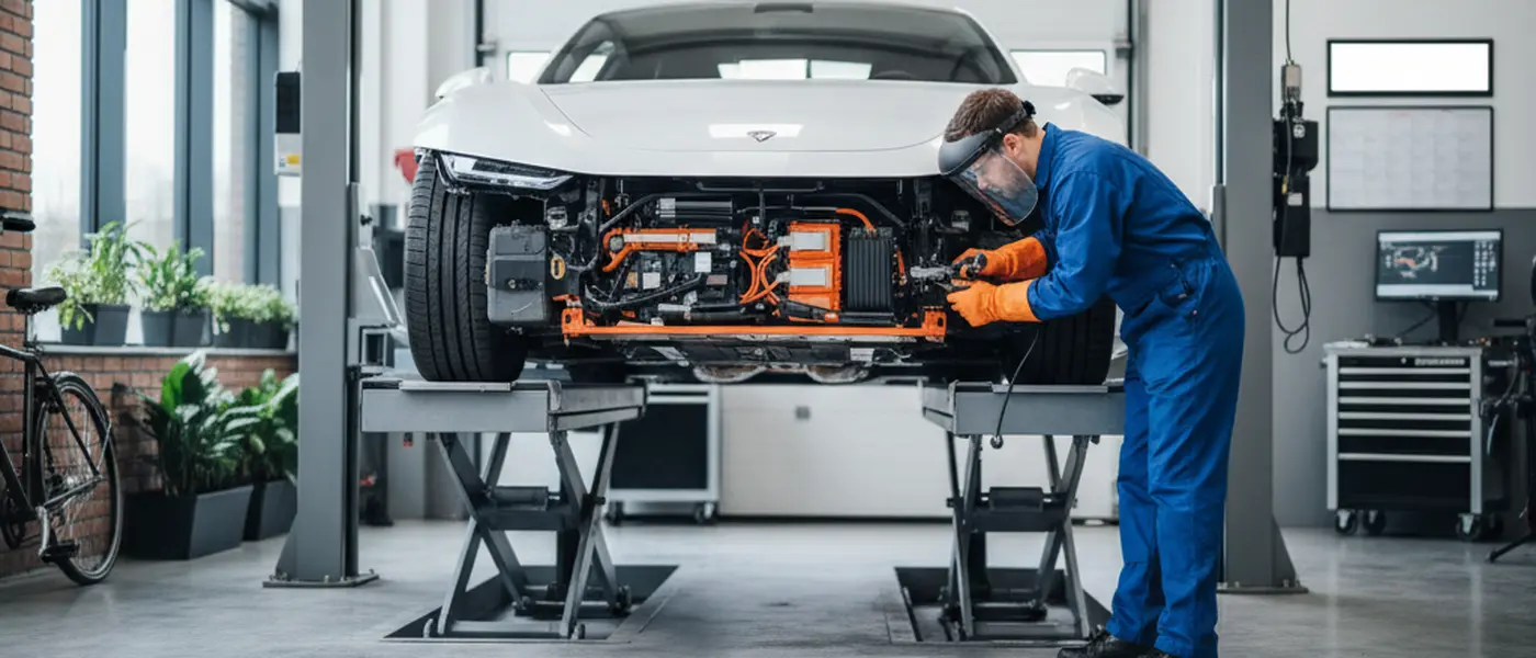 Elektrische auto op een hefbrug in een moderne Nederlandse garage met monteur die aan het accupakket werkt