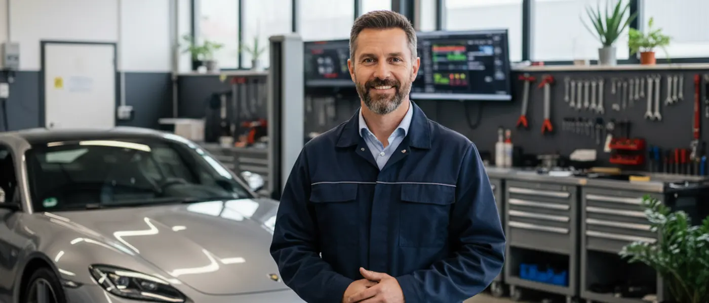 Nederlandse automonteur in blauwe overall inspecteert een motor met diagnoseapparatuur in een moderne garagewerkplaats