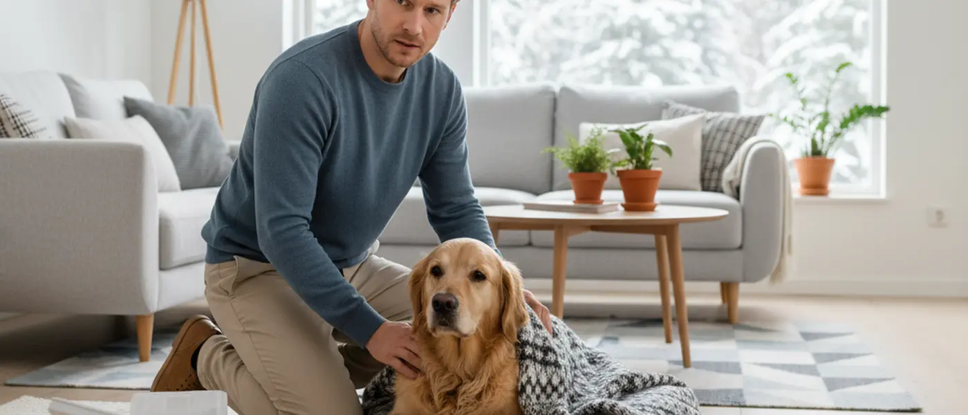 Dyreejer knæler ved en hvilende hund på et tæppe med førstehjælpskasse i nærheden