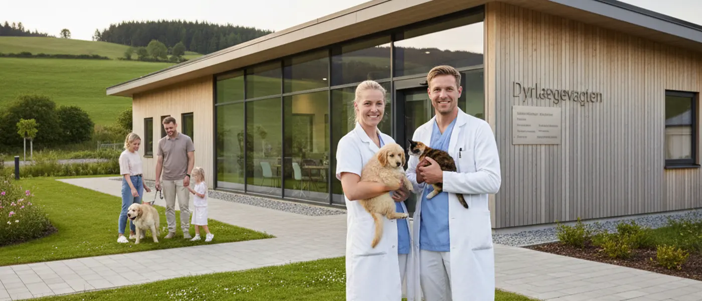 Dansk dyrlæge i blå kittel undersøger en golden retriever hvalp på en veterinærklinik om aftenen