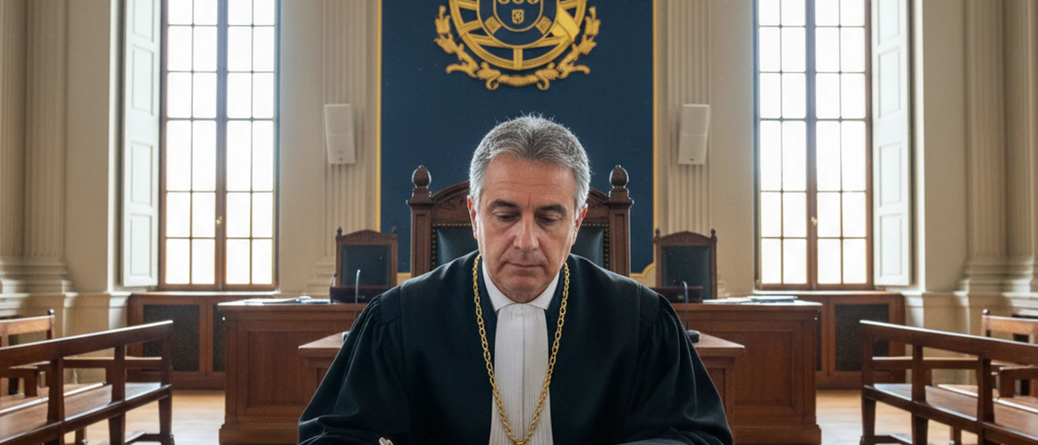 Juiz português a analisar documentos de pensão de alimentos num tribunal de família