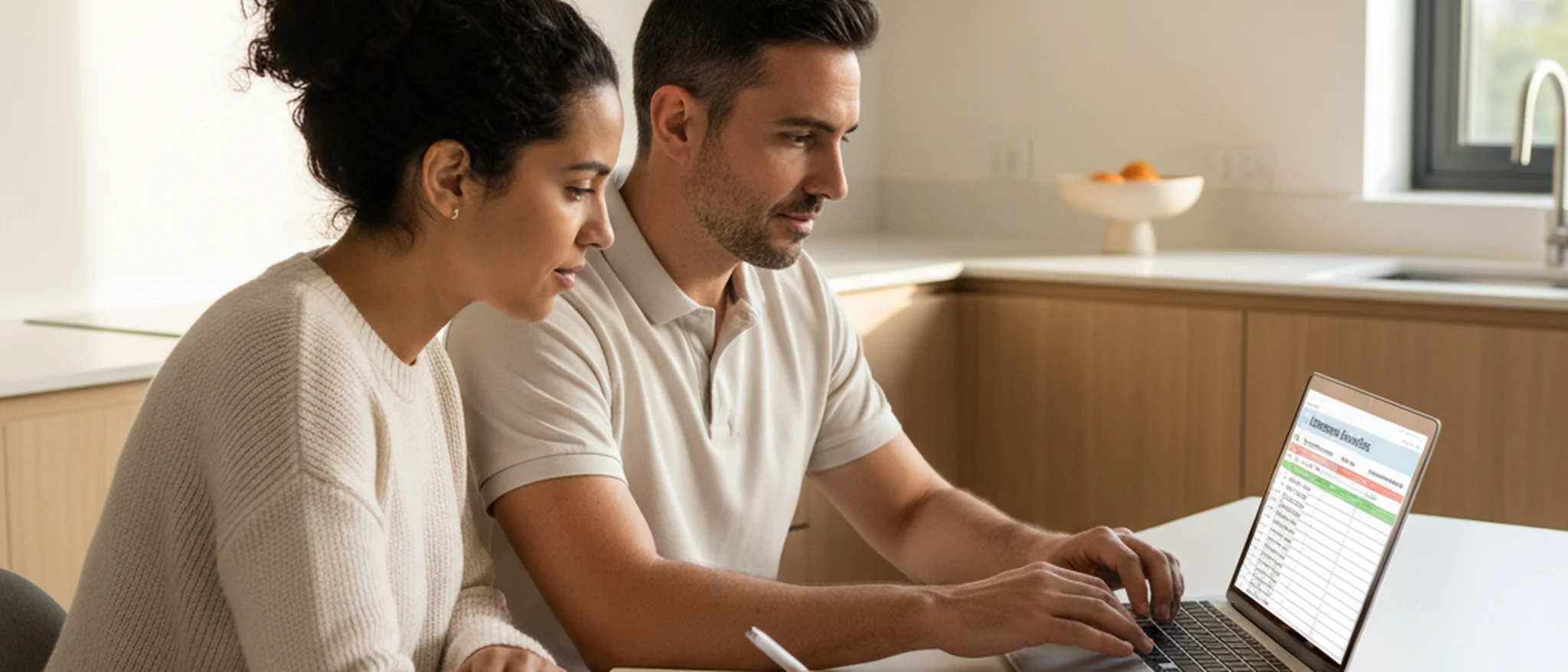 Progenitor português a calcular despesas de pensão alimentícia num computador portátil na mesa da cozinha