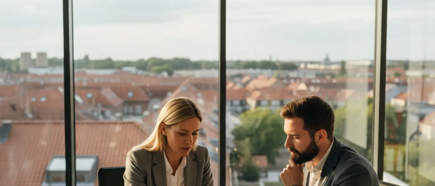 Dansk formuerådgiver gennemgår musikrettigheder og arvepapirer med klient ved et moderne kontorbord