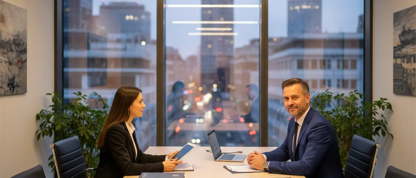 Fachanwalt für Arbeitsrecht prüft Unterlagen an einem Schreibtisch in einer modernen Kanzlei in Frankfurt