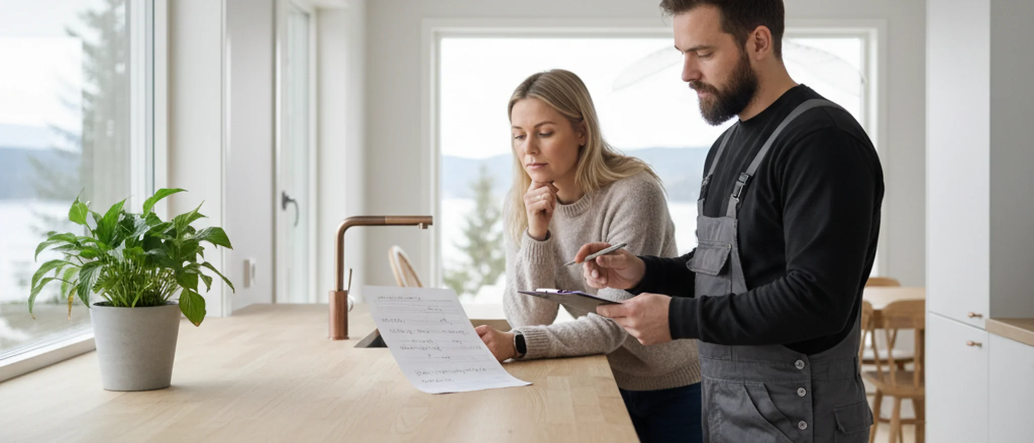 Huseier gjennomgår et skriftlig [pris](/no/magasin/handverkere-og-oppussing/rorlegger-pris)tilbud fra rørlegger på kjøkkenbenken i et nordisk hjem