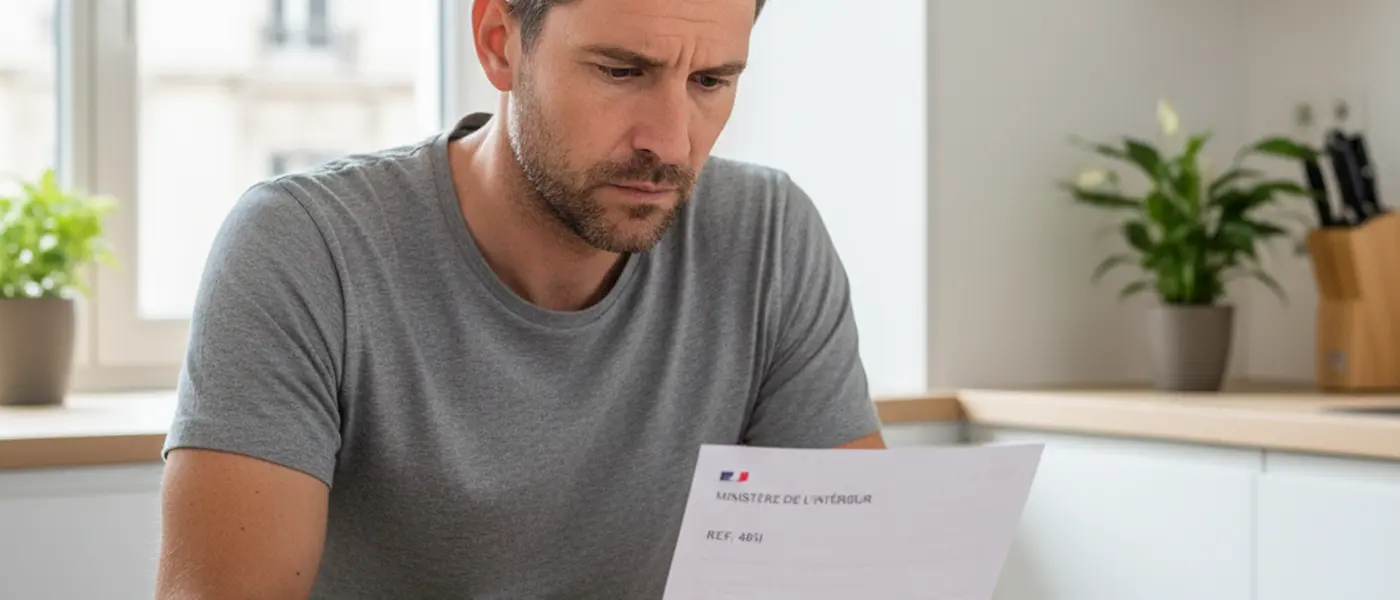 Conducteur français consultant une lettre officielle 48SI à une table de cuisine