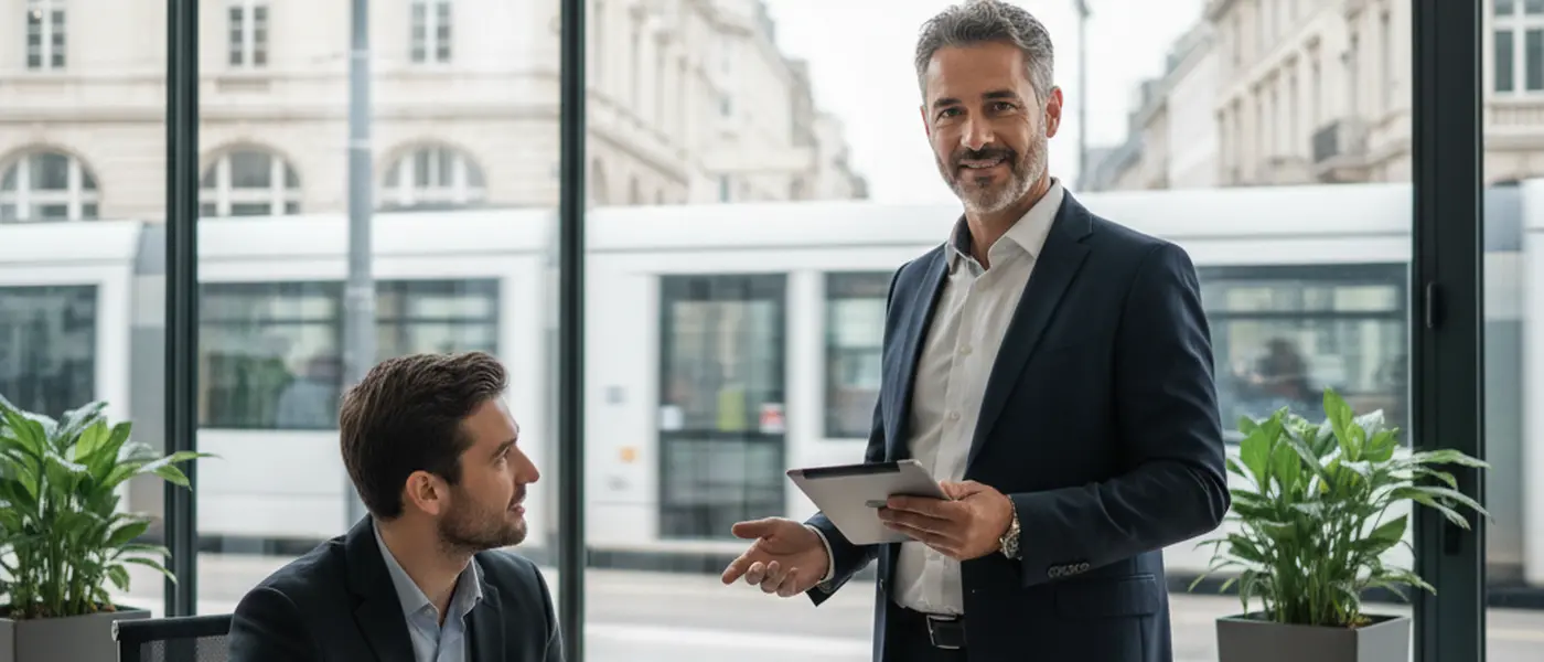 Avocat en droit routier examinant un permis de conduire et des documents juridiques dans un cabinet moderne