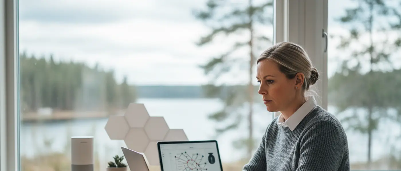 Svensk IT-säkerhetsspecialist arbetar med laptop och smarta hemenheter i ett hemmakontor med naturligt ljus