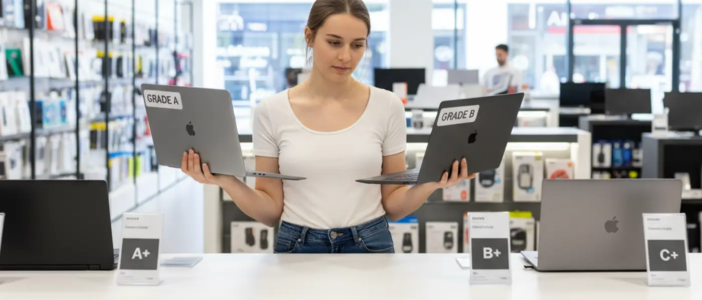 Ordinateurs portables reconditionnés de différents grades exposés sur un comptoir de magasin informatique en France